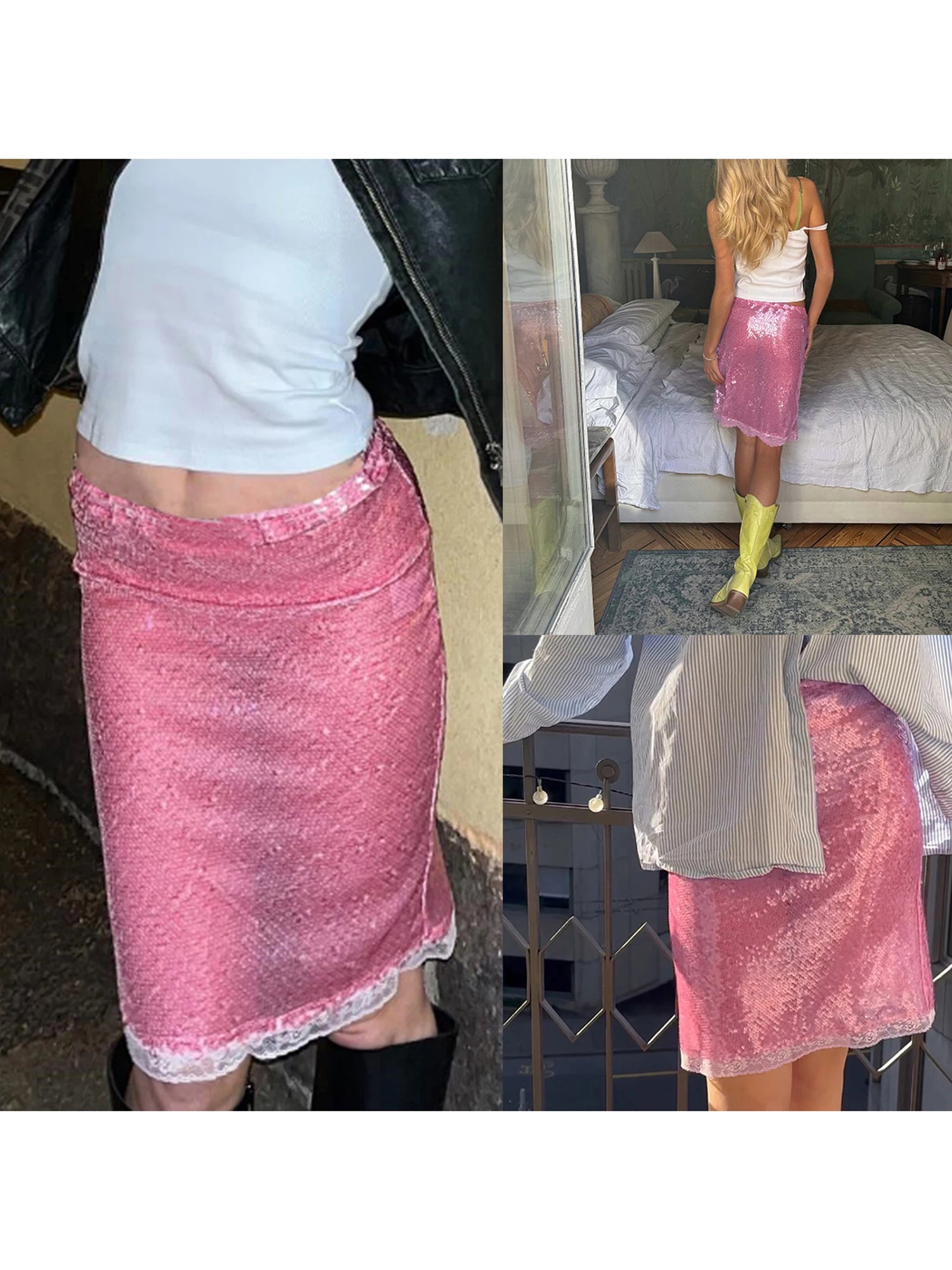 Women's Fashion Midi Skirts Sequins Lace Trim Low Waist Skirts Summer Fashion Bodycon Skirts