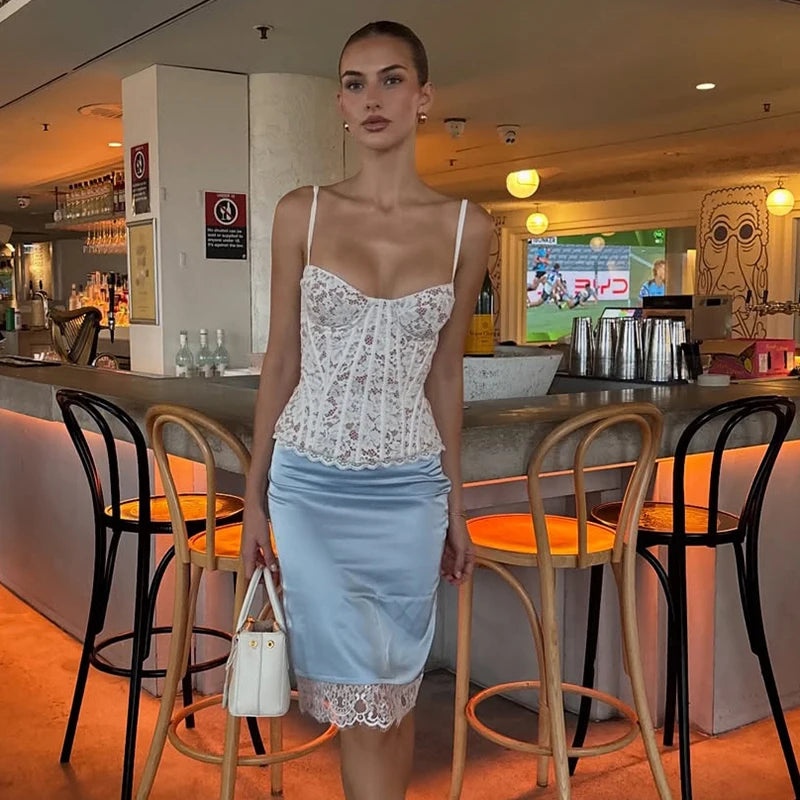 2 Piece Skirts Set Lace Corset Top and Satin Midi Skirt Women Sexy Bustier Backless Crop Top Bodycon Slip Skirts Matching Outfi