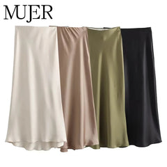 Elegant Satin Office Midi Skirt