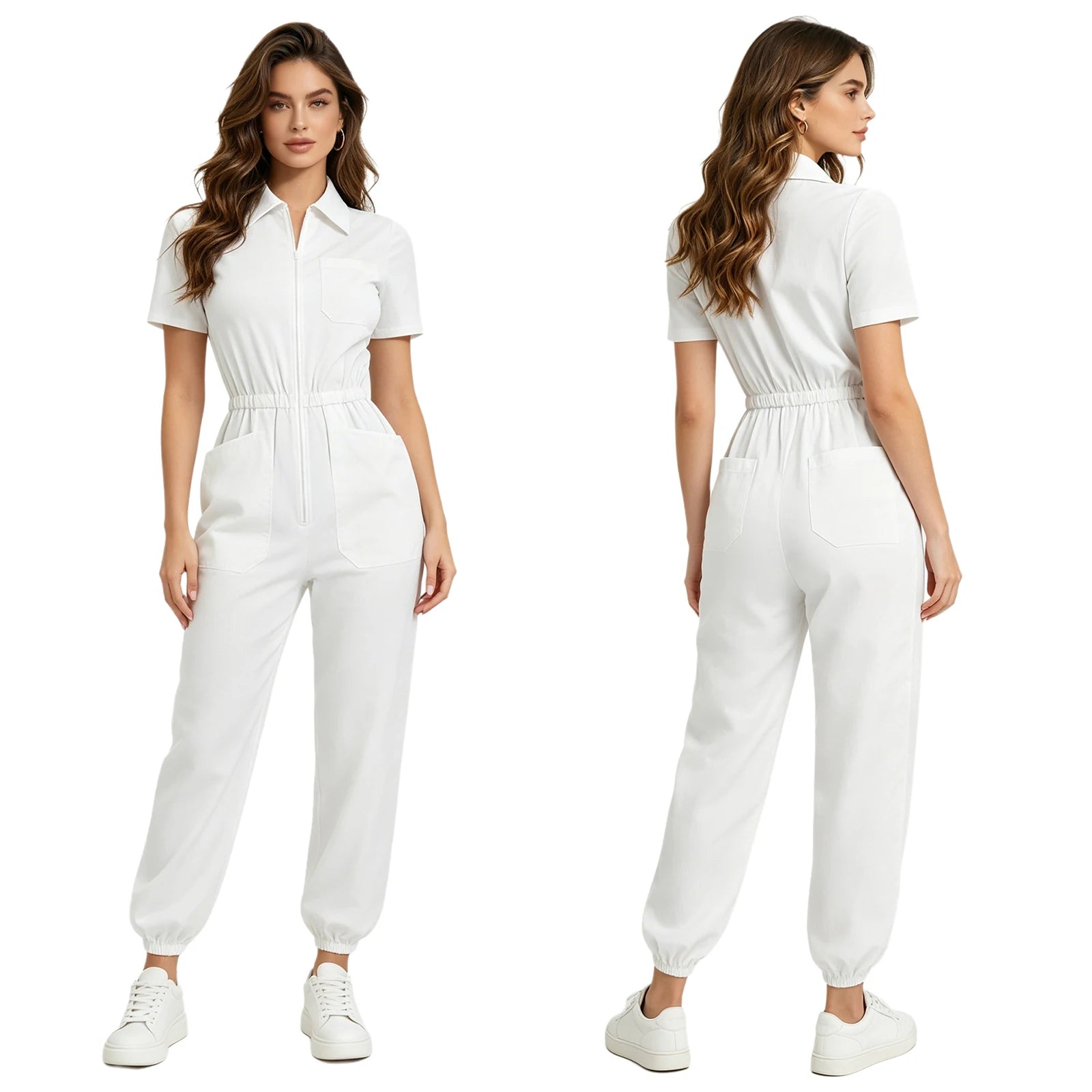 Womens Short Sleeve Scrubs Jumpsuit Front Zipper Elastic Waist Jogger Pants Rompers Nurse Doctor Workwear for Caring Nursing