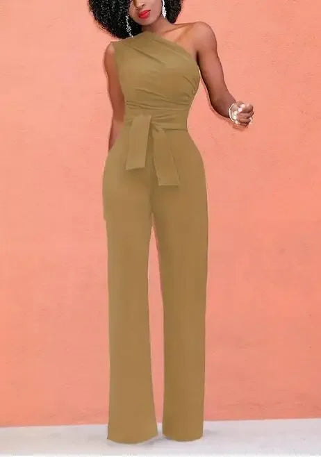 Elegant Skew Collar Belted Jumpsuit