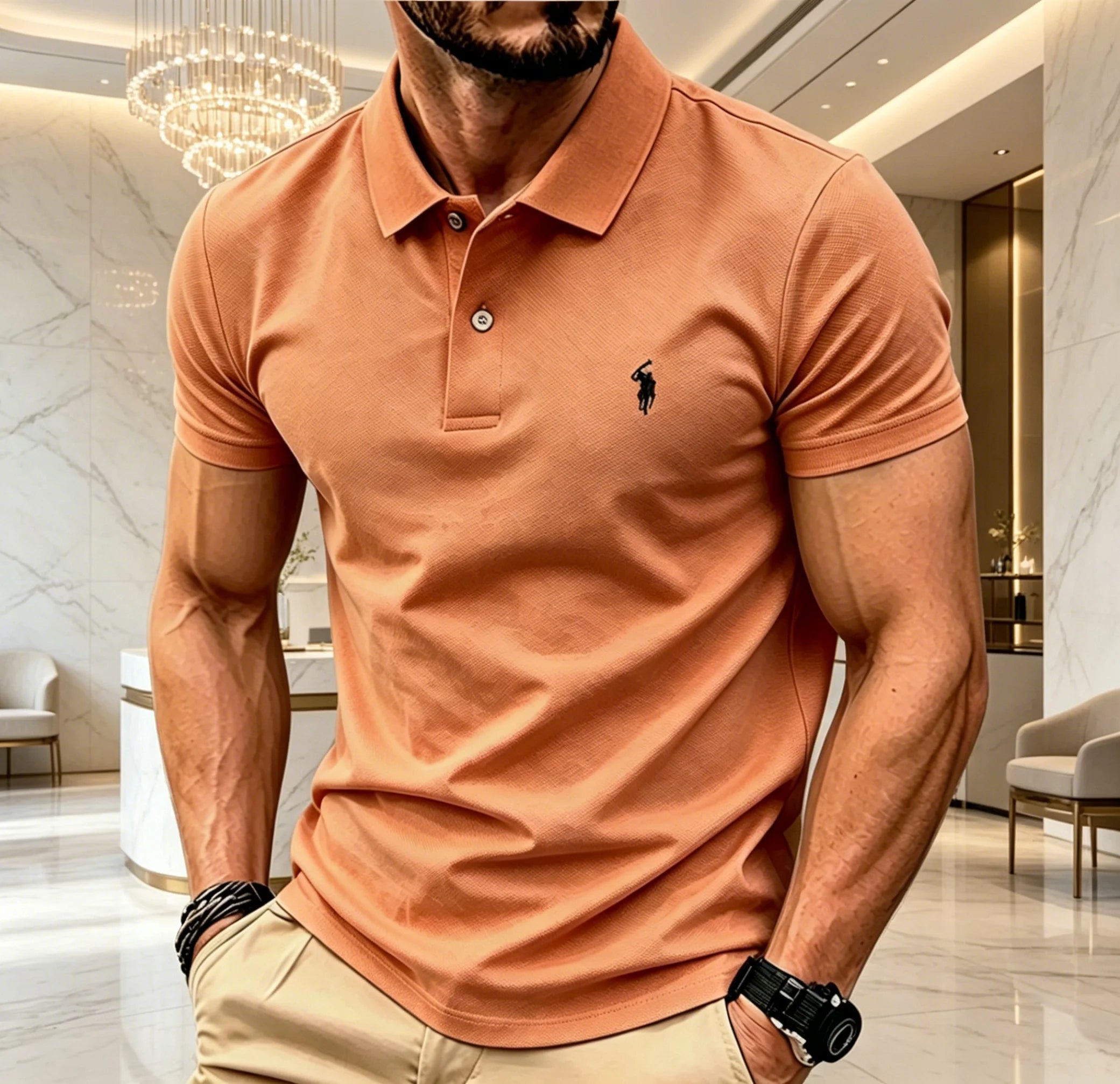 Men Solid Color Polo Shirt Regular Fit Business Casual Short Sleeve Tops With Small Horse Embroidery Chest Print