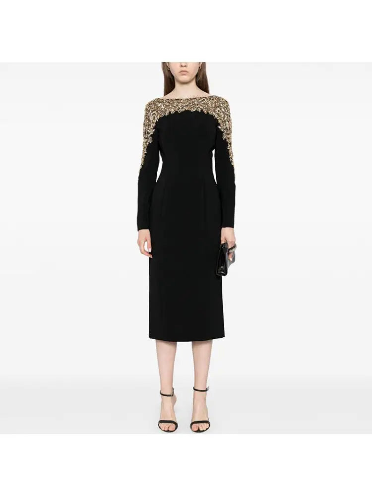 Elegant Beaded Straight Midi Dress