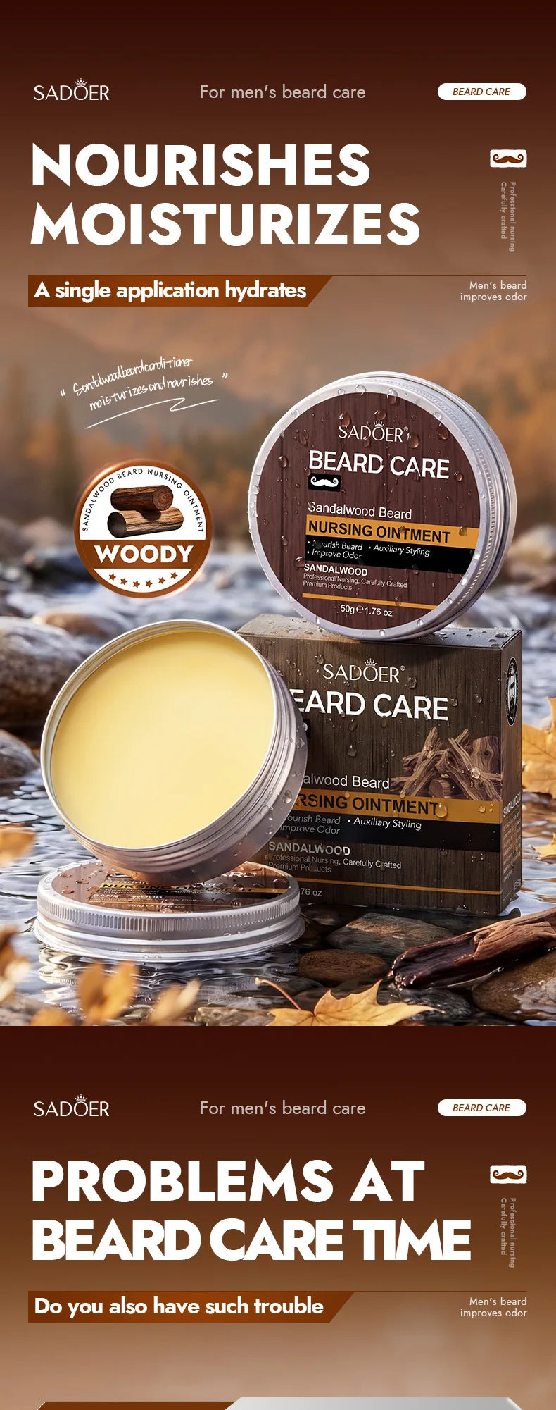 Men's Sandalwood Beard Care Balm Tame Unruly Hairs, Deeply Cleanse & Moisturize Dry Beards, Promote Healthie Thicker Facial Hair