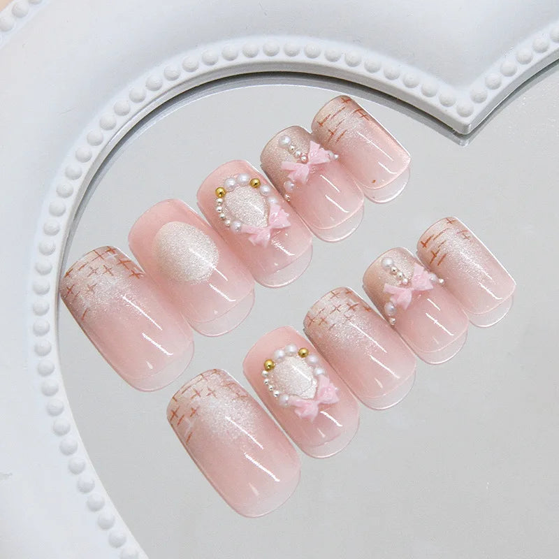 Medium fake nails for women Gradient nude brown blue flowers or rhinestones fall winter almond tips press on false nail art set
