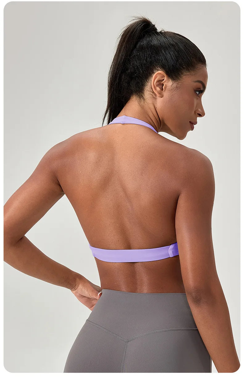 Strappy Bra for Women Open Back Halter Sports Bra Light Support Gym Crop Top Seamless Workout Yoga Top Bra Padded Bras