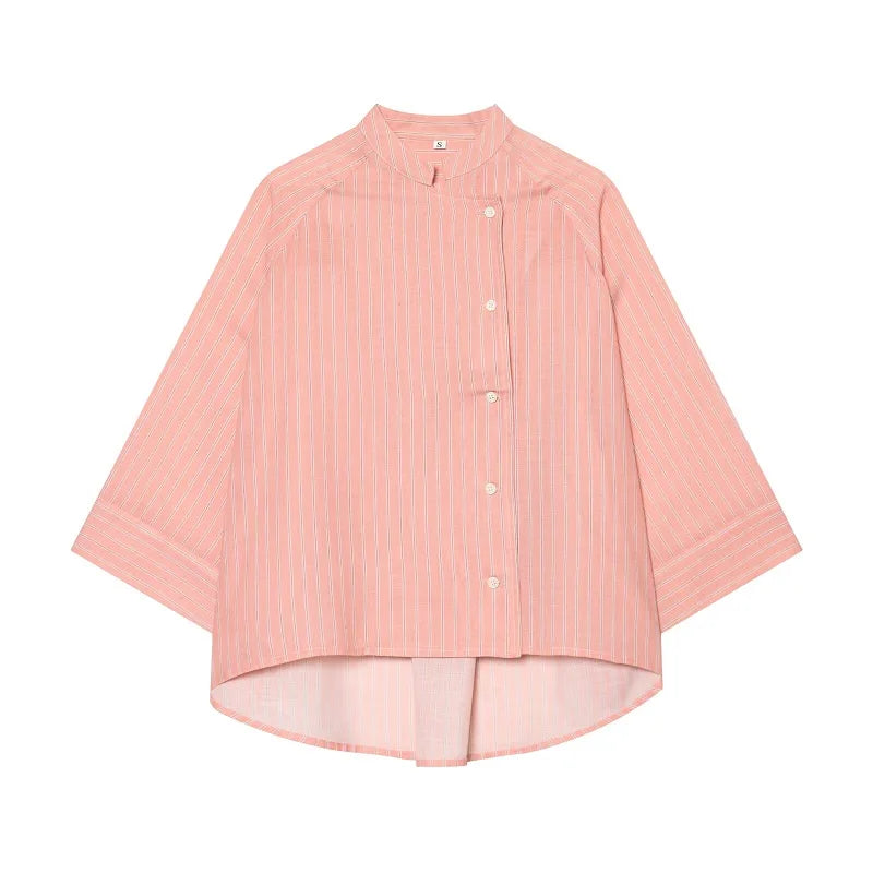 Women's Pink Striped Shirts Summer Asymmetric Button Mid Sleeve Loose Fit Shirts Casual Office Look Vintage Elegant Female Tops