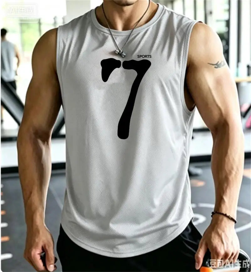 SPORTS 7 New Men Tank Tops Sleeveless Shirt Polyester Mesh Material Quick Dry Breathable Men Workout Fitness Basketball Top Tee