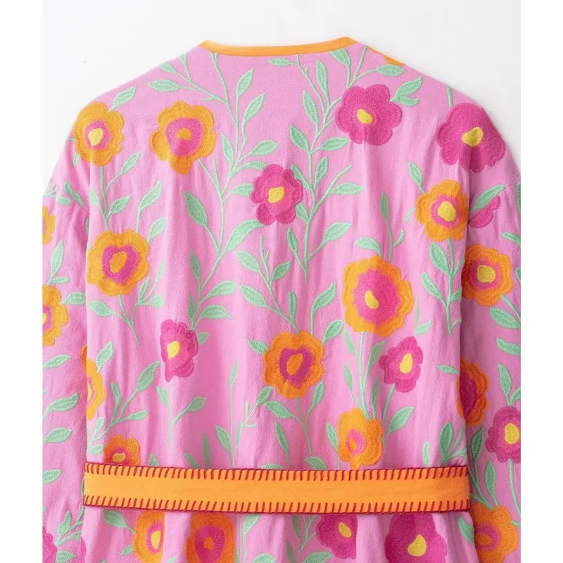 Women's Flowers Embroidered Coats Autumn New V-neck Long Sleeve With Belt Jackets Fashion Casual Female Chic Outerwear