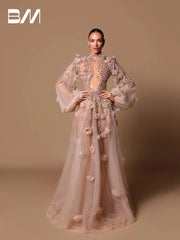 Elegant A Line Romantic High Neck Evening Dress Floral Customized Prom Charming Women Cut Out Sequins Crystals Party Wear