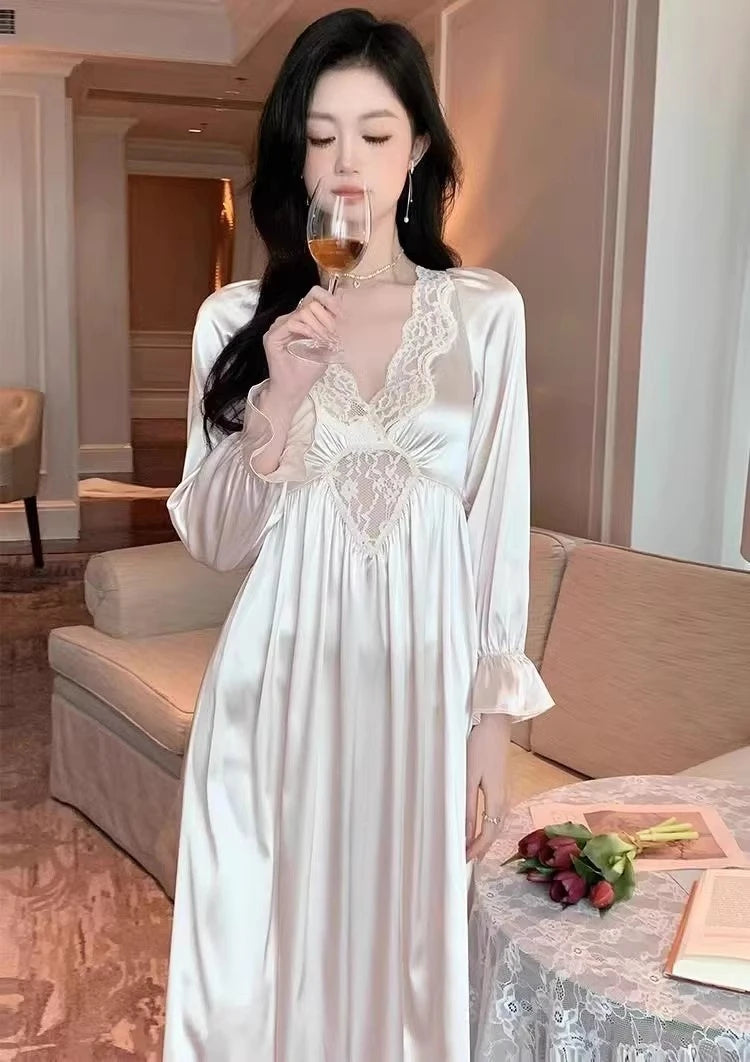 Female Long Nightdress Retro French Court Style Princess Nightgown Sleepwear Spring Summer Loose Rayon Home Clothes Lounge Wear