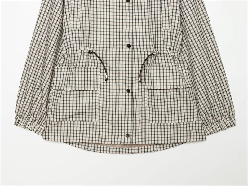 Women's Coat 2026 New Autumn Gray Plaid Long Sleeve Loose Drawstring Decorative Coat Casual Fashion Personal Ladies Outerwear