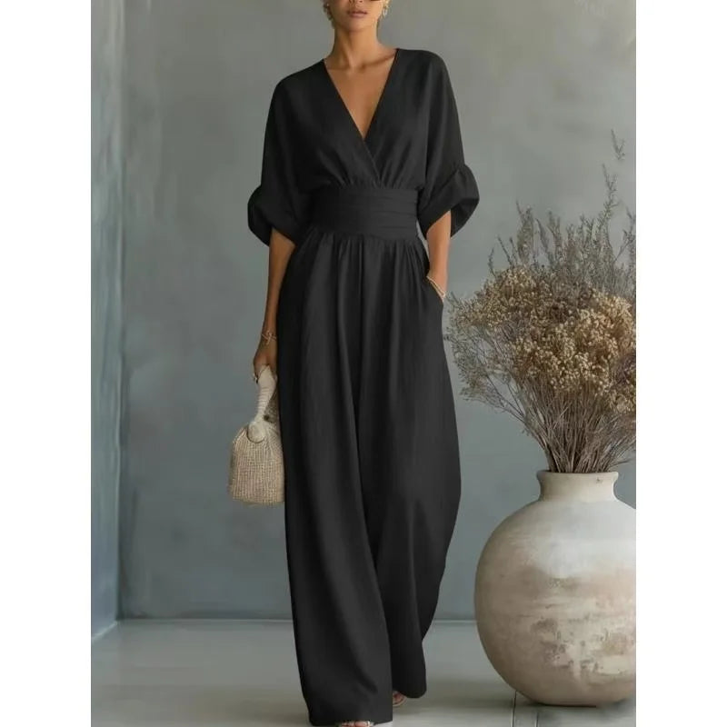 Women's Jumpsuit Fashion High Waist V-neck Casual Jumpsuits Sexy Solid Color Office Wide Leg Trousers Overalls Vacation Outfit