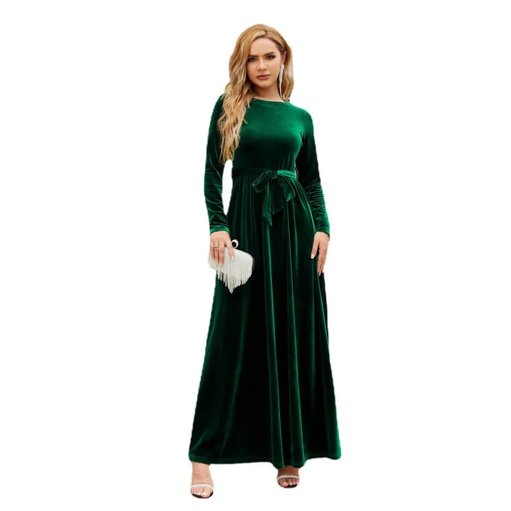 Women's Elegant A-Line Velvet Dress for Wedding Guest Prom Party Wedding Party, Long Sleeve Round Neck Belted Full Skirt
