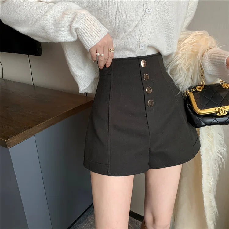 Black Shorts Women Spring Summer New Wide Leg Pants High Waist Single BreastedAApricot casual hot pants