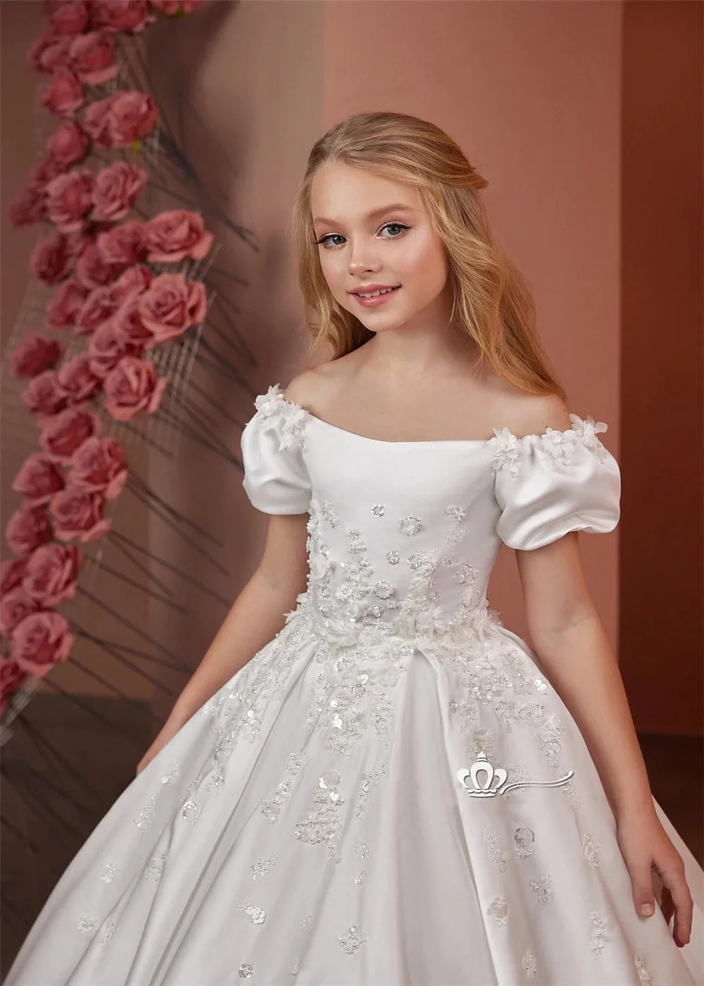 Elegant Flower Girl Dresses for Wedding Satin Beaded Floral Floor Length Girl Kids Birthday Party First Holy Communion Gown