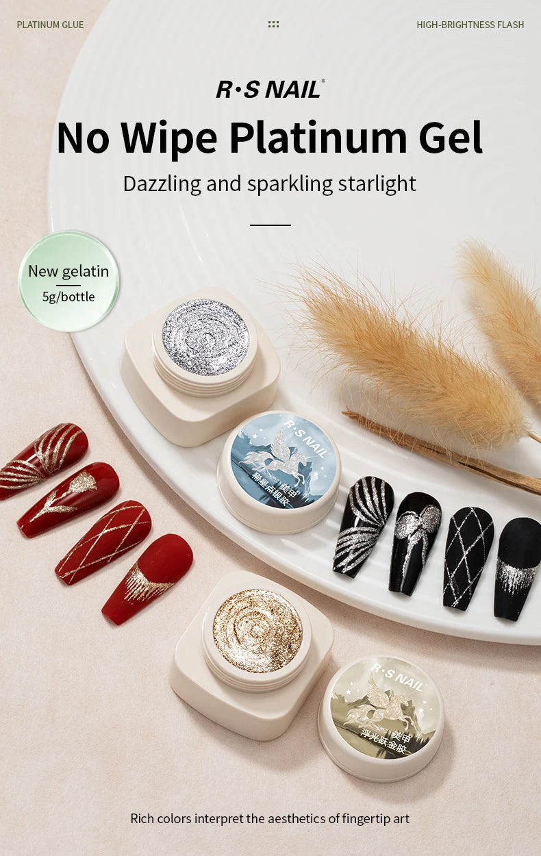 RSNAIL 5g No-Wipe Platinum Gel Nail Polish for Summer Reflective Sparkle Metallic Golden Silvery Drawing Liner Manicure Varnish