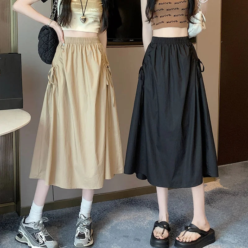 Drawstring Cargo A-Line Midi Skirt