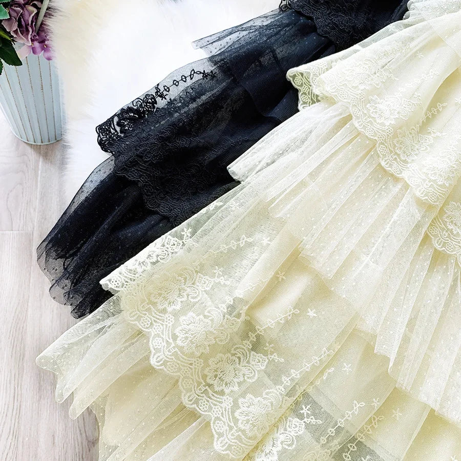 Women Skirts Cake-Style Skirt Spring Summer Fashion Lace Skirts Ladies High-Waisted Slimming Long Lace Skirt Elegant Tulle Skirt