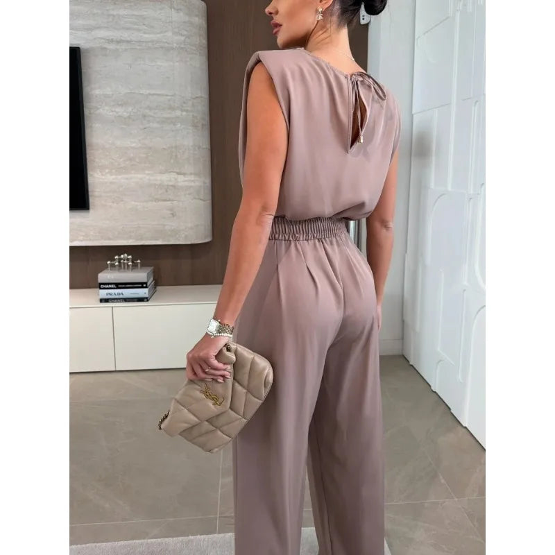 Women's Jumpsuits Solid Color Sleeveless Round Neck Casual Loose Women's Jumpsuit Summer Fashion Straight Tube Female Playsuits