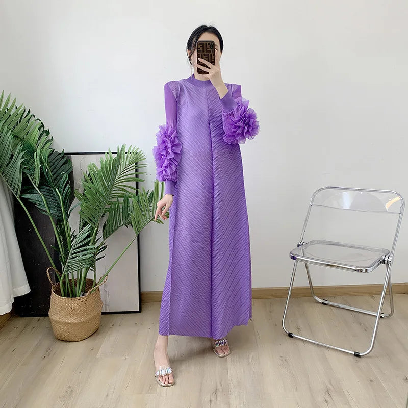 Women Elegant Evening Party Dresses 2025 Summer New Solid Colour Classic Long Sleeve Plate Flower Design Prom Dresses Female