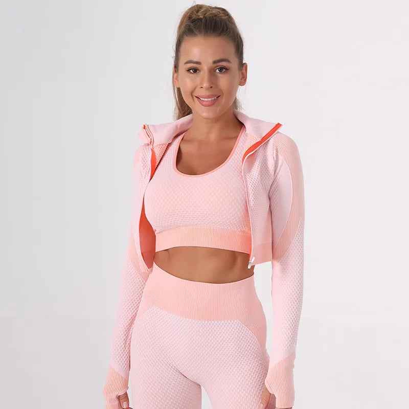 Summer Women's Yoga Sets Seamless Sports and Fitness Suit Tight Fast-drying Waist Closing Yoga Clothing Three-piece Set