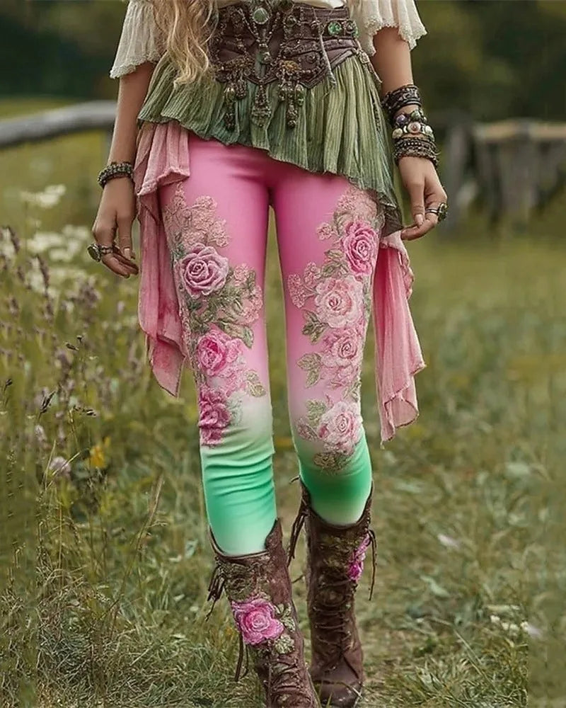 Women's Pants Flower Printed Leggings Cozy Leggings Casual Boho Full Length Elastic Waist Stretchy Vacation Street Daily Wear