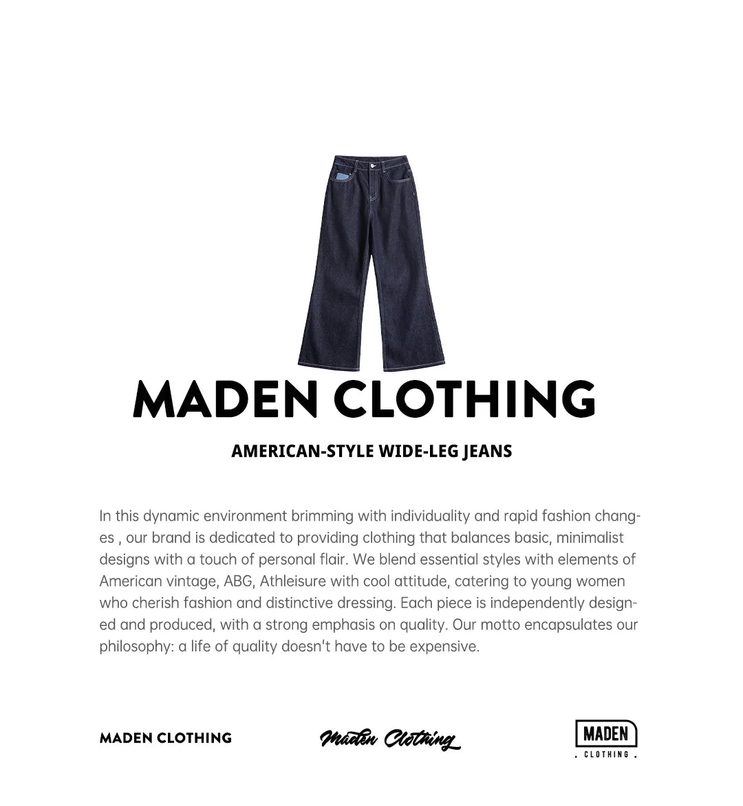 Maden Women's Vintage 12.4oz Washed Denim Jeans Straight Wide-Leg Casual Loose Fit Blue Trousers For Spring and Fall Streetwear