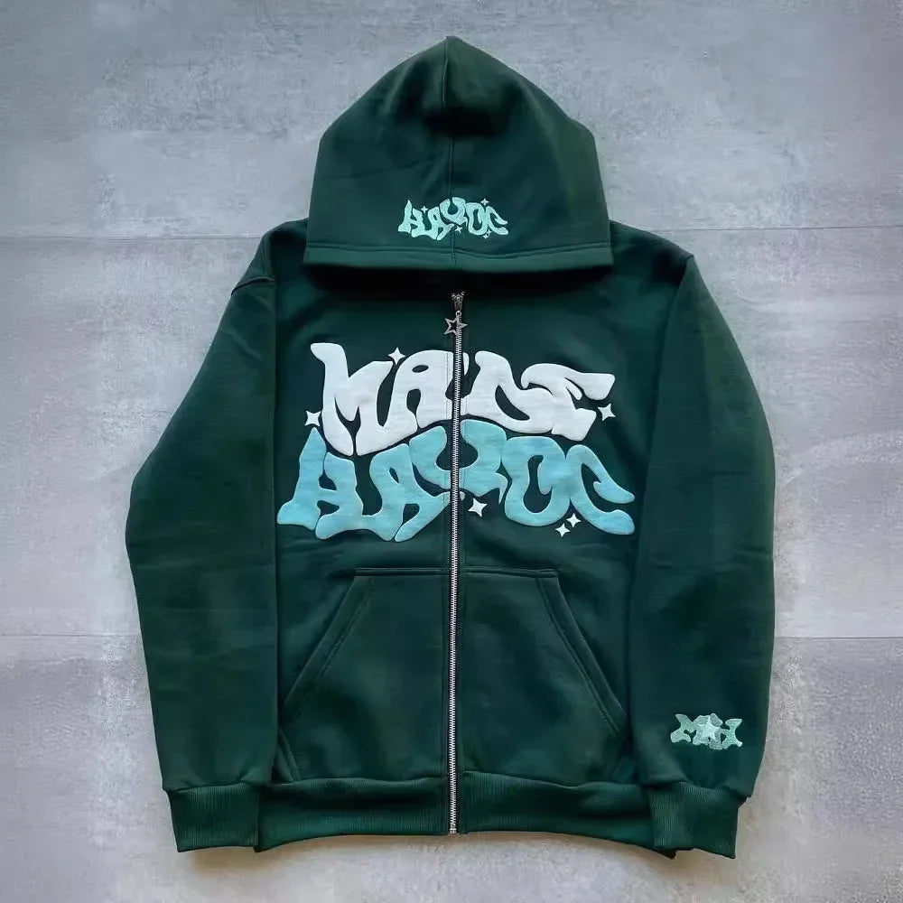 Hooded zipper hoodie with retro American-style letters, unisex, suitable for pairing with a millennial-style jacket