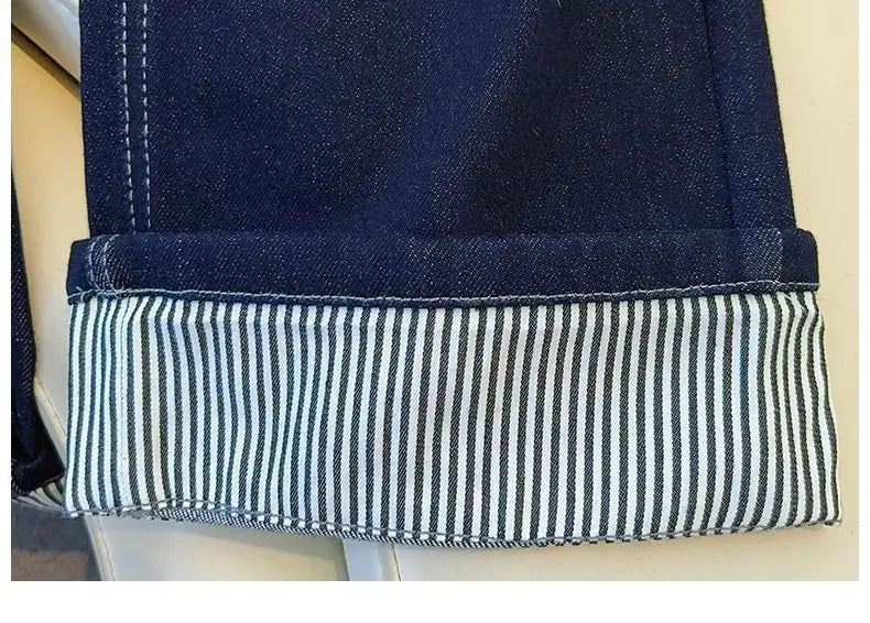 Women's Denim Jeans - Straight Leg with Striped Cuff Detail Classic Five-Pocket Design
