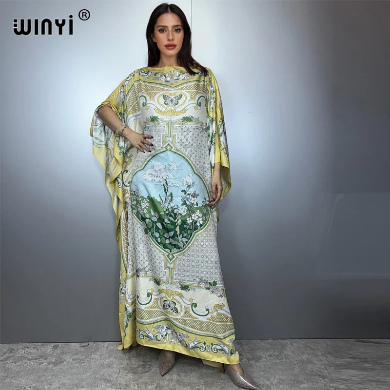 Printed Dresses For Women 2025 Fashion Design Loose Dress Batwing Maxi Long Femme Vestidos Summer Autumn Party Elegant Dress