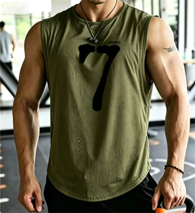 SPORTS 7 New Men Tank Tops Sleeveless Shirt Polyester Mesh Material Quick Dry Breathable Men Workout Fitness Basketball Top Tee