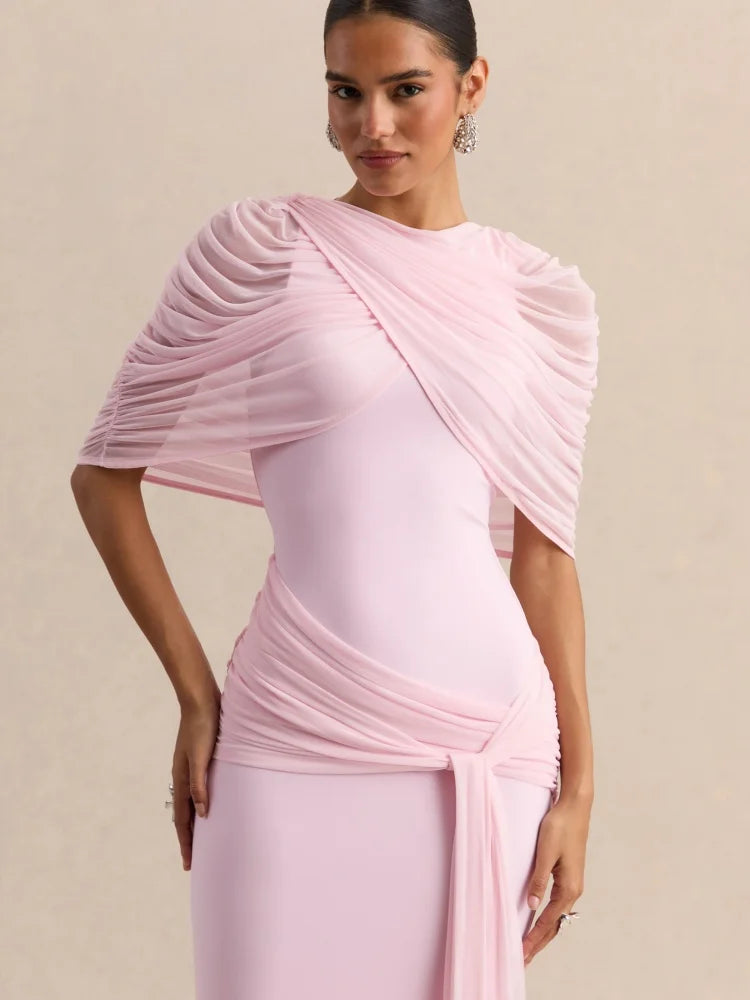 Elegant Mermaid Evening Dress Draped Detachable Cape Sleeveless Bodycon Maxi Gown Wedding Party Elegant Draped Formal Dress