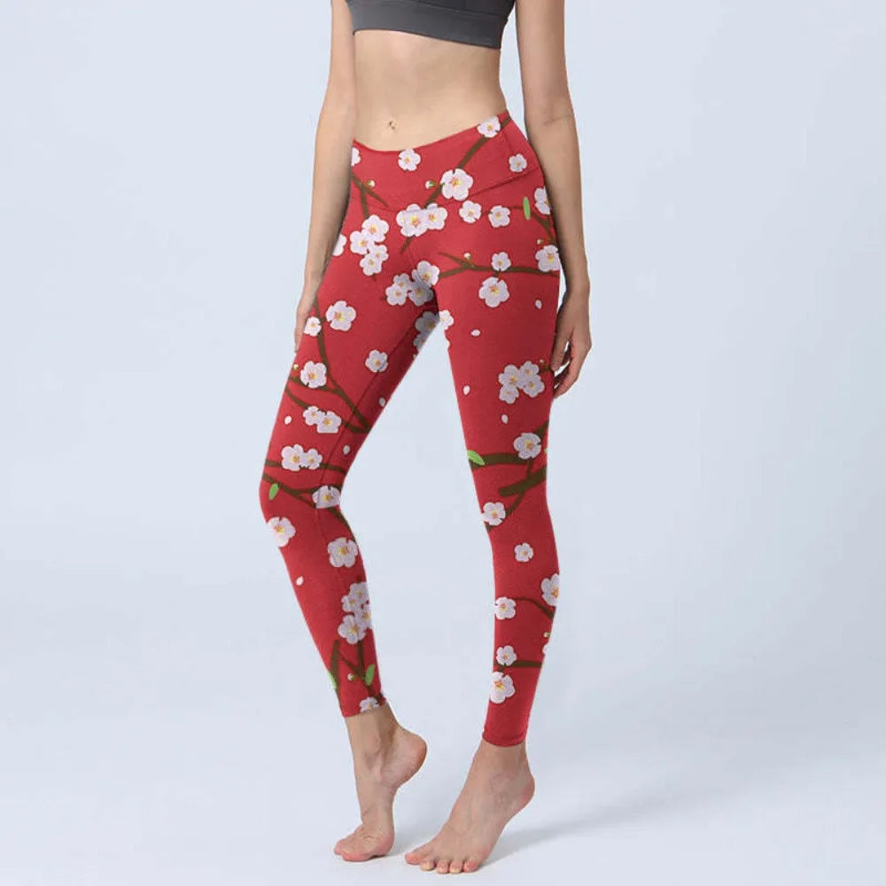 High Waist Yoga Leggings Japanese Style Cherry Blossom Botanical Print Soft Tights Women Fitness Gym Yoga Running Sports Wear