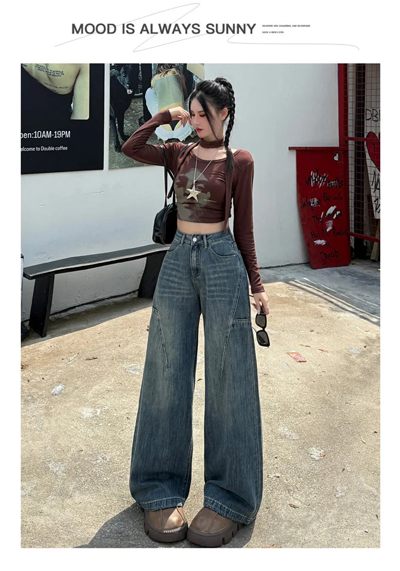 High Waisted Wide Leg Jeans Women Cotton Retro Denim Y2k Loose Fashion Design Sense Pant Streetwear Baggy Straight Trouser Woman