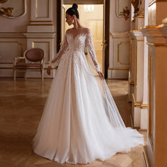 Wedding Dress Vestidos De Novia Customized Sheer Long Sleeves Sparkling Beading Applique Sweep Train Bridal Gown for Bride