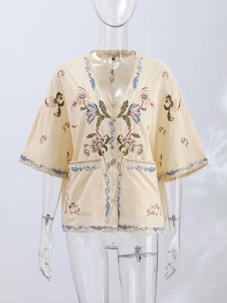 Casual Print Top Shorts Women Set Holidays V-neck Long Flare Sleeve Blouse Wide Leg Short Pants 2026 Summer Autumn Lady Outfit