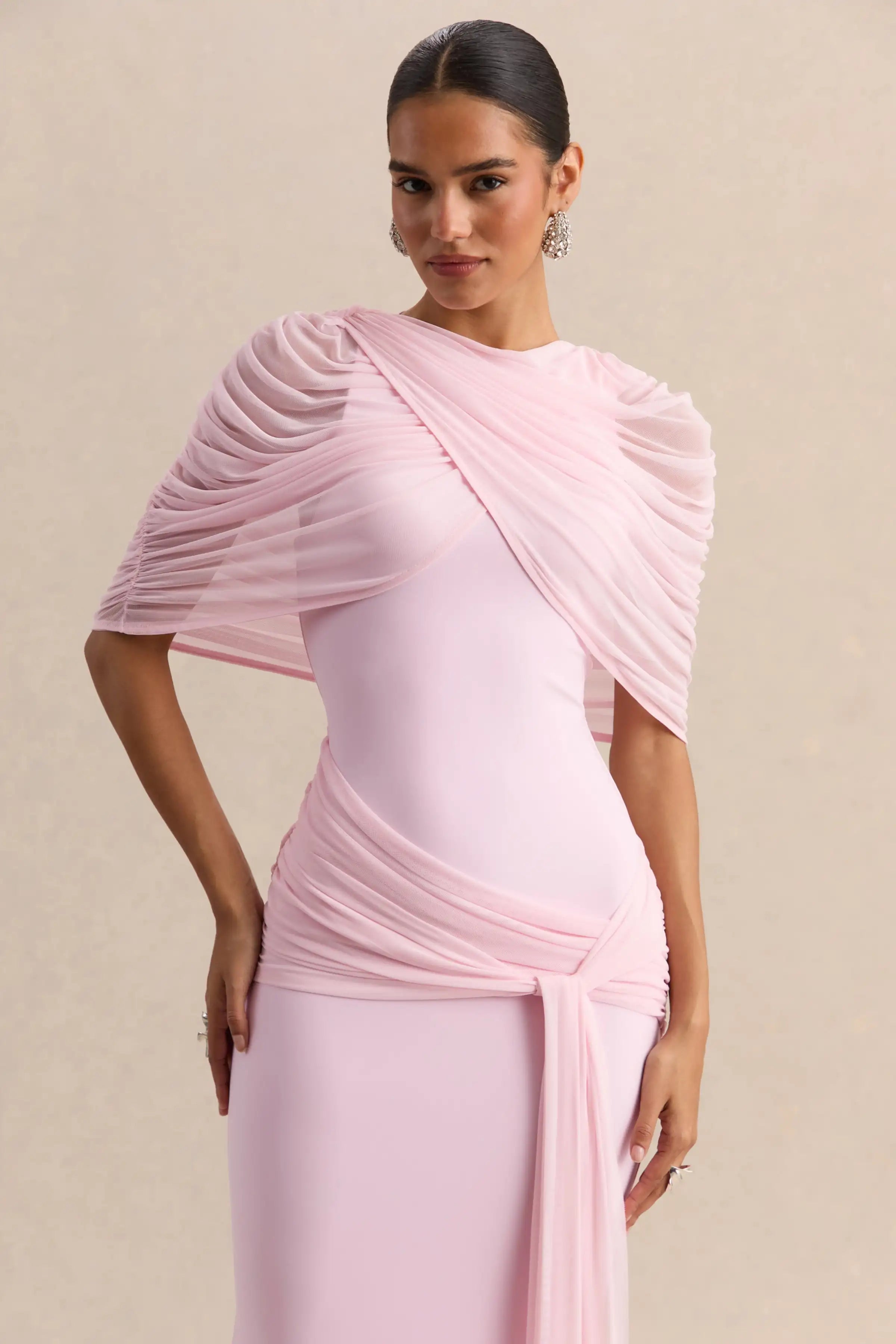 Elegant Mermaid Evening Dress Draped Detachable Cape Sleeveless Bodycon Maxi Gown Wedding Party Elegant Draped Formal Dress