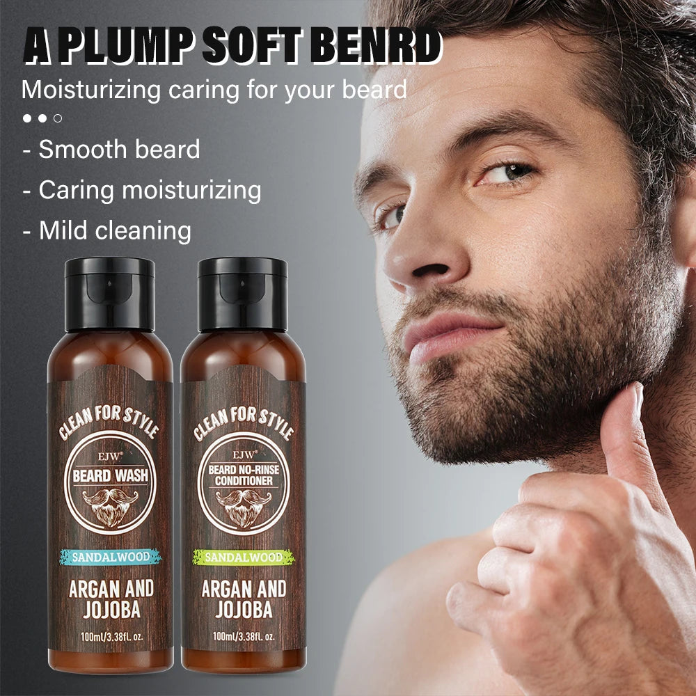 EJW Beard Care Set, Sandalwood Beard Shampoo and Beard no-rinse conditioner- Softens & Strengthens Beard, with Argan and Jojoba.