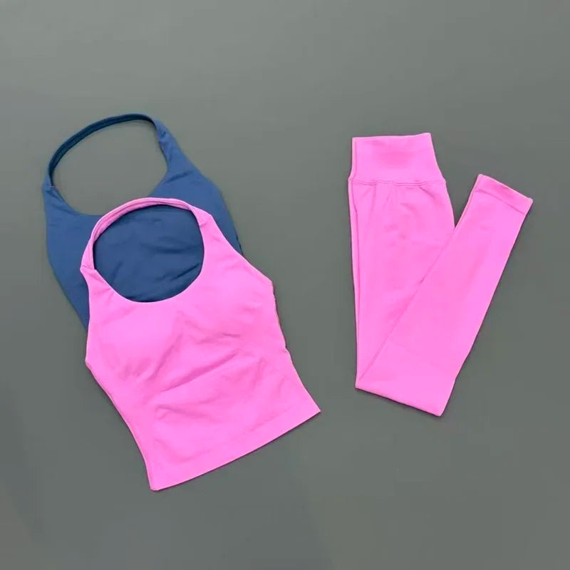 Women Yoga Set Seamless Sports Halter Neck Top Waist Trainer Leggings Suit Squat Proof Butt Lifting Workout Fitness Gym Clothing