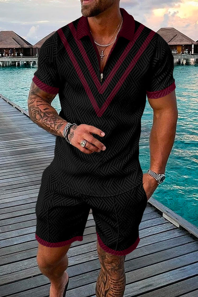 Summer Men's Tracksuit Short Sleeve Polo Shirt Set Fashion Luxury Chain Print Clothing 2 Pieces Casual Suit Streetwear Outfit