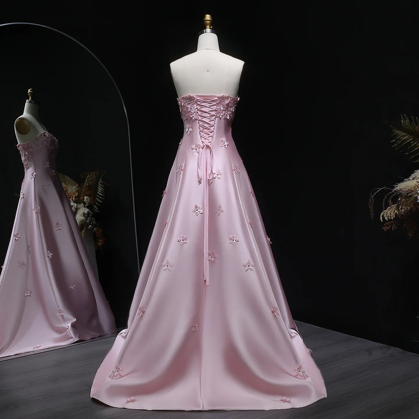 Pink Floral Strapless Evening Gown