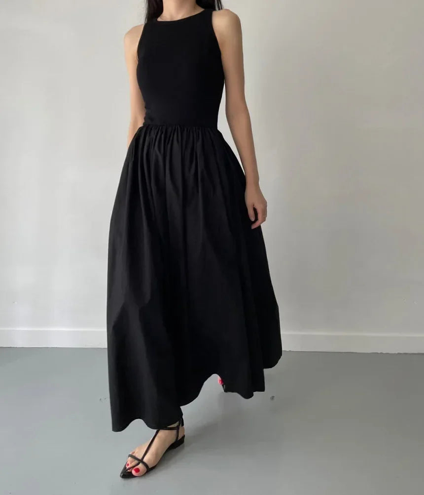 Female Fashion Style Dress New Summer Simple Elegant Black Long Dresses For Women Round Neck Sleeveless High Waist Temperament