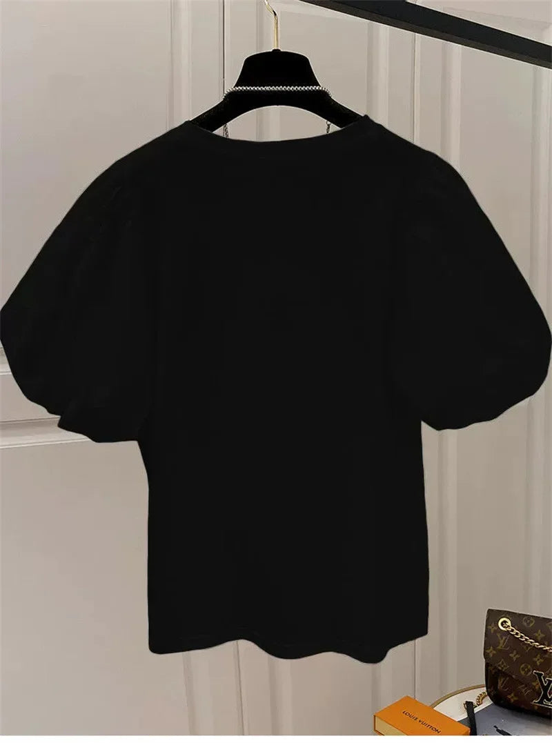 Mujer Cotton Tshirts for Women Summer T-shirts Puff Sleeve O-neck Tees Oversized Tops Fashion Sweet White Tees