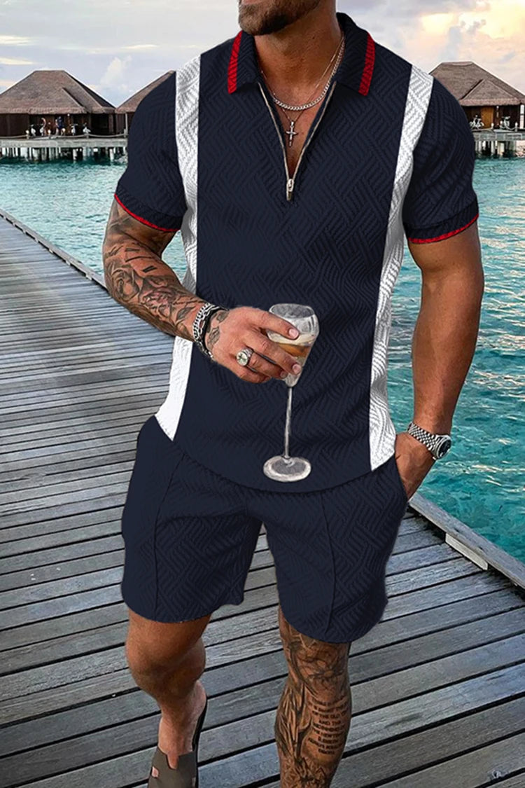 Summer Men's Tracksuit Short Sleeve Polo Shirt Set Fashion Luxury Chain Print Clothing 2 Pieces Casual Suit Streetwear Outfit