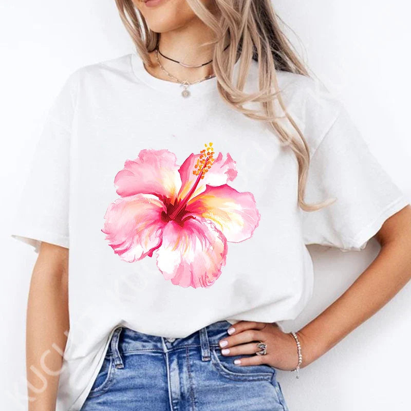 Pink Hibiscus Casual Y2K Tee
