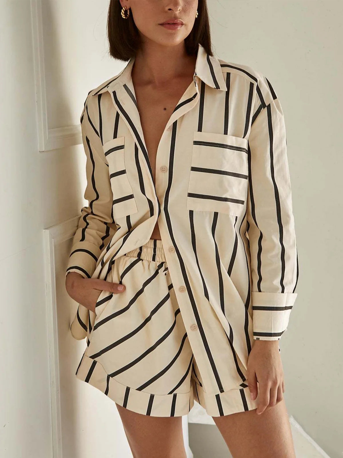 Striped Button Blouse Shorts Set