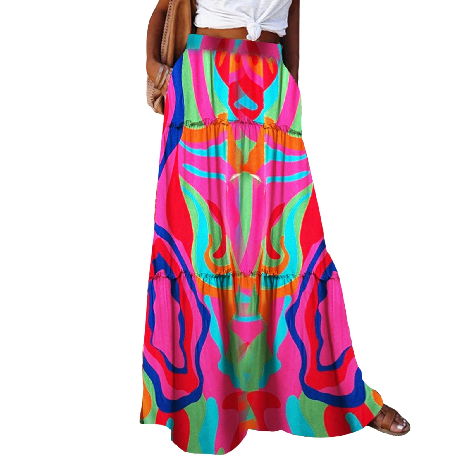 Women's Bohemian Skirts Vintage Elastic High Waist A-Line Skirts Tiered Long Skirts with Pockets