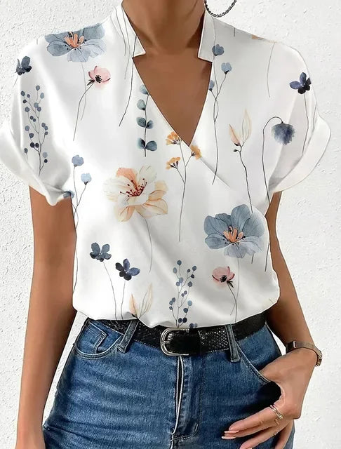 Shirts For Women 2023 Summer Loose V-neck Stand Collar Print Tops And Blouses Blusas Elegantes Finas Para Mujer Casual T Shirt
