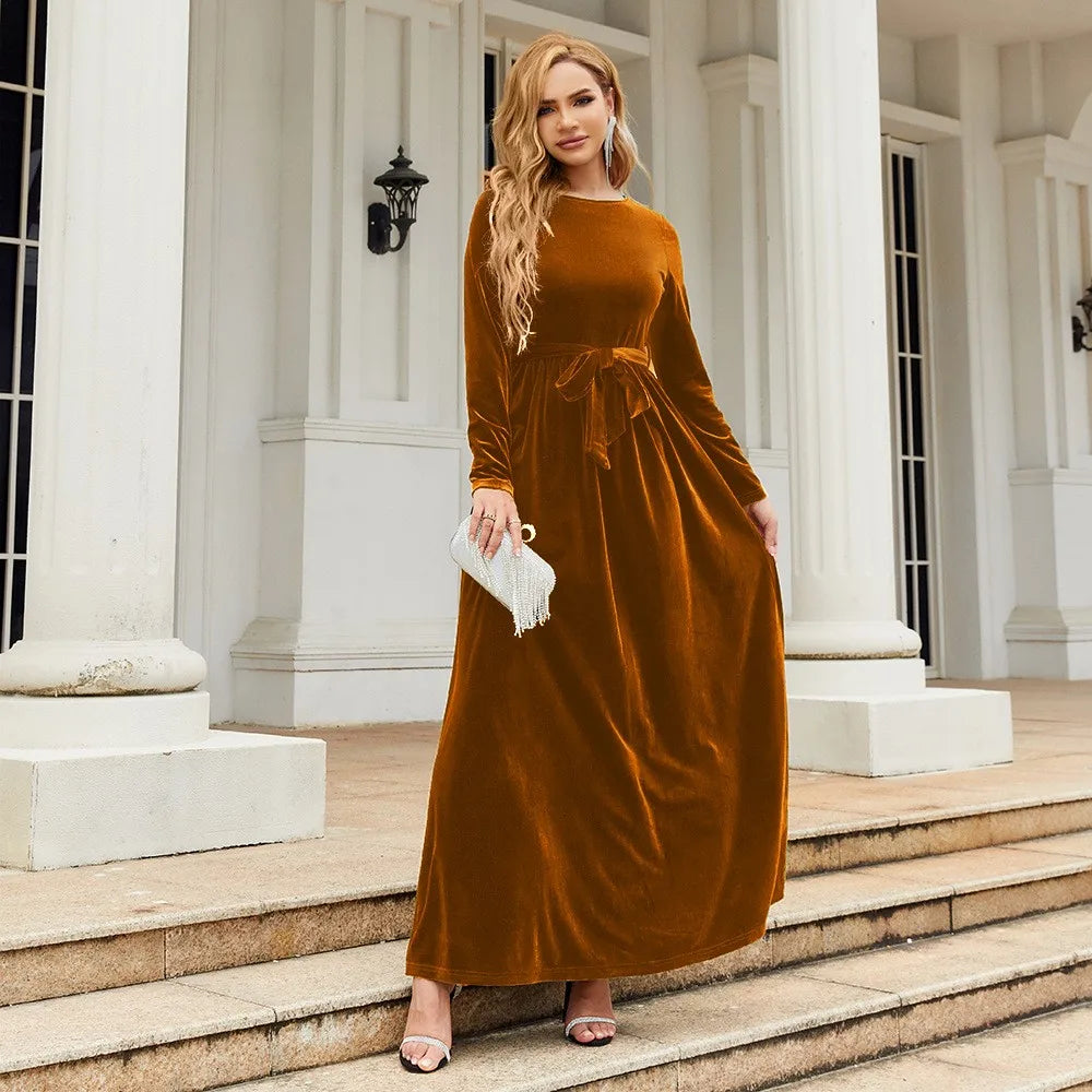 Women's Elegant A-Line Velvet Dress for Wedding Guest Prom Party Wedding Party, Long Sleeve Round Neck Belted Full Skirt